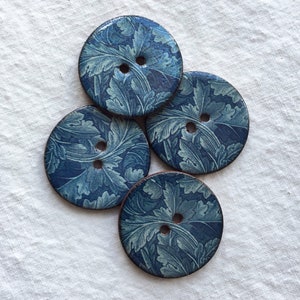 Set of 4 large, round 27mm (1 inch) lightweight, washable, ceramic buttons. William Morris leaf design sewing buttons. Handmade in the UK