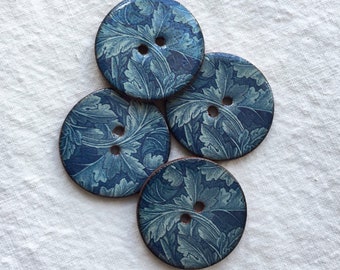 Set of 4 large, round 27mm (1 inch) lightweight, washable, ceramic buttons. William Morris leaf design sewing buttons. Handmade in the UK
