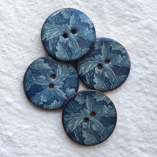 Set of 4 large round 27mm (one inch) handmade, washable, Heritage Ceramic Leaf Buttons, William Morris Design, Sewing Buttons,  Handmade UK