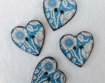 Set of 4 Large heart shaped, washable, handmade ceramic buttons. Blue floral William Morris design