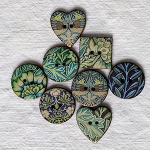 Set of 8 William Morris large, washable, lightweight, handmade, ceramic  buttons. Assorted round, square and heart shaped. Handmade in UK.