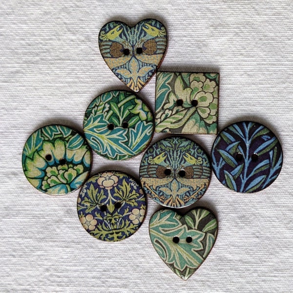 Set of 8 William Morris large, washable, lightweight, handmade, ceramic  buttons. Assorted round, square and heart shaped. Handmade in UK.