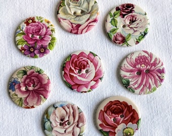 A one off set of 8 handmade, washable, lightweight, 29mm, (just over 1 inch), vintage look rose ceramic buttons. For sewing and collecting