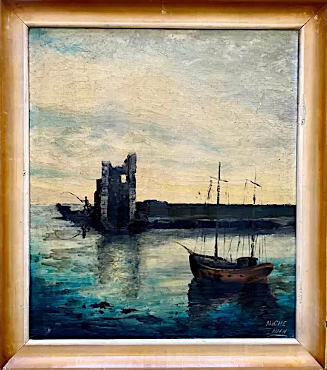 1940年代のヴィンテージ 額入り油絵：灯台跡と海景、サイン入り - Etsy