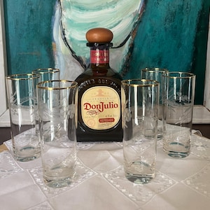 Set of 6 Vintage Etched Tube Glasses | 1950s Aperitif Glasses with Gold Rim | Ouzo, Amaro, Digestif Barware