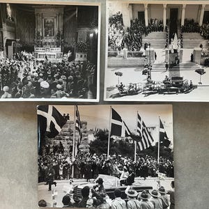 May include: Three black and white photographs depicting public events. One shows a large crowd inside a building, another shows a procession with horse-drawn carriages, and the third features a crowd with flags and a car.