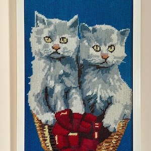 Vintage Framed Cross-Stitch Cat Embroidery - Handmade Needlepoint Kittens in basket- 1980s Wall Art - Vintage Pet Art - Cat Lover Gift