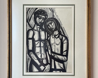 Tassos Alevizos Original Holzschnitt 1970er Jahre – Serie Epitaphios für Yannis Ritsos – Modernistische griechische Gravur