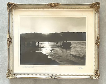 Vintage Greek Black & White Fishing Photograph - Signed Diamantopoulos - Maritime Coastal Wall Art - Framed 1970s Mediterranean Photo