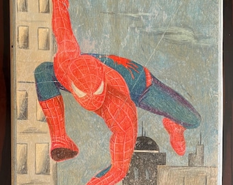 Vintage 90er Jahre Spider-Man Inspirierte Zeichnung auf Holz – Original Buntstift Kunstwerk – Comic Stil Wandkunst