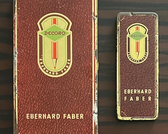 Rare 1940s Faber DECORO Tin Set – 2 Art Deco Pencil Boxes with Unused Color Pencils
