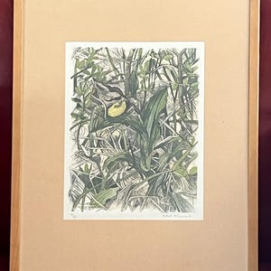 Signed Robert Heinard Woodcut Print: Lady&#39;s Slipper Orchid, Limited Edition 37/82