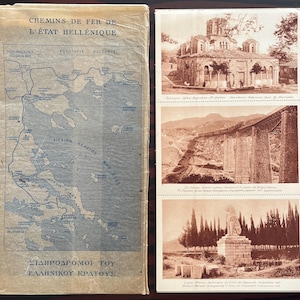 May include: Vintage travel ephemera featuring a map of Greece's railway system and sepia-toned photographs of Greek landmarks. The map is in French and Greek, with a blue and white color scheme. The photographs depict a church, a bridge, and a statue.