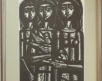 Xilografia originale “Ragazze con piccioni” – Tassos Alevizos (anni '70) Incisione modernista greca incorniciata