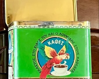 1950s, Original Vintage Coffee Litho Tin Box, Loumidis Papagalos, Greece