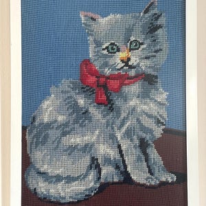 Vintage Framed Cross-Stitch Cat Embroidery - Handmade Needlepoint Kitten with Bow - 1980s Wall Art - Vintage Pet Art - Cat Lover Gift