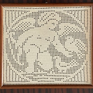 Vintage Framed Filet Crochet Cherub Wall Art – Handmade Lace – Dark Wood Frame – Mid Century Greek Decor – Angel with Birds