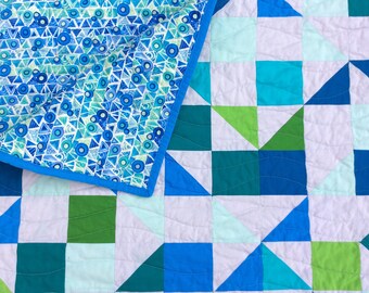 Modern Lap Quilt, Triangle Quilt, Handmade Throw, Quilts for Sale, Summer Quilt, Beach Quilt, Blue Green Quilt, Homemade Blanket