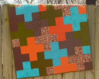 Modern Lap Quilt, Plus Quilt, Handmade Blanket, Brown, Teal, Orange, and Green Quilt, Quilt for a Man, Masculine Quilt, Quilts for Sale