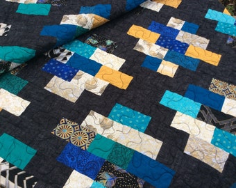 Modern Lap Quilt, blue, orange, gold, teal, Handmade Quilt, Homemade Blanket Throw, Quilts for Sale, Ready to Ship