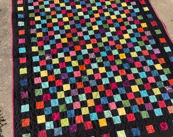 Modern Jewel Toned Rainbow with Black Throw Quilt