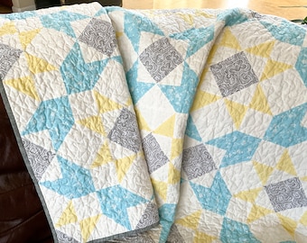 Heirloom Quality Modern Throw Gray, Blue, and Yellow Quilt for Sale and Ready to Ship Handmade by The Flemings Nine