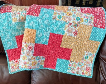 Baby Girl Quilt, Crib Quilt, Orange and Teal Quilt, Aqua Quilt, Baby Gift, Handmade Quilts for Sale, Baby Blanket, Modern Baby Quilt