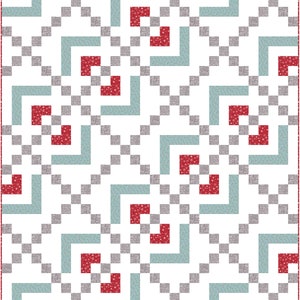 May include: A quilt pattern with a white background, red squares with white polka dots, and teal blue squares with white polka dots. The squares are arranged in a geometric pattern.