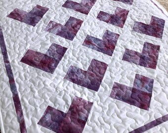 Modern Heart Baby Quilt with Pillow - Hand Dyed Purple Fabric, Baby Girl Quilt Handmade by The Flemings Nine - Free Shipping