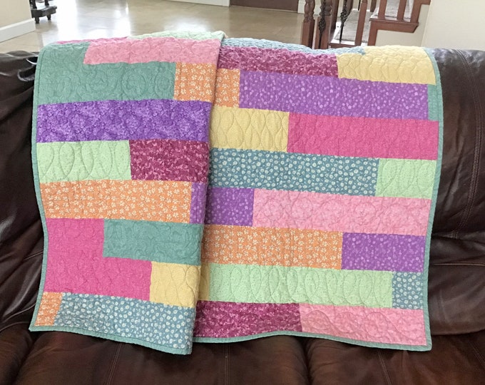 Modern Quilt, Lap Quilts for Sale, Rainbow Quilt, Pink Quilt, Floral