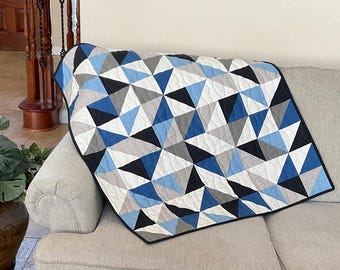 Handmade Baby Boy Quilt: Blue & Gray Modern Crib Blanket