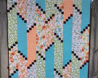 Modern Floral Lap Quilt: Green, Turquoise & Orange - Handmade