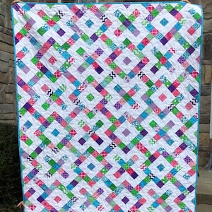 Handmade Modern Lap Quilt: Pink, Purple, Blue & Green Cotton