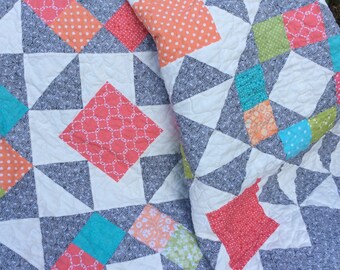 Modern Lap Quilt, Blue, Green, Coral, Pink, Gray Quilt, Handmade Quilt, Blanket, Patchwork Throw, Homemade Quilts for Sale