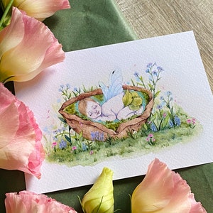 New Baby Card, Benvenuto al mondo, Regalo Baby shower, Fata Watercolor Illustration Print, Congratulazioni Card, Baby Keepsake Card