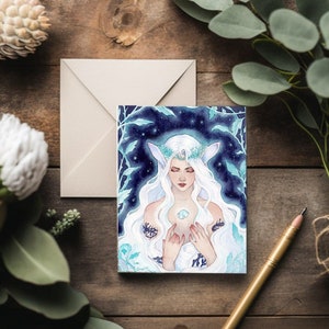 Fantasy postcard of a whitehaired witch and a rabbit, Bunny, Animal, Magical Art, Christmas