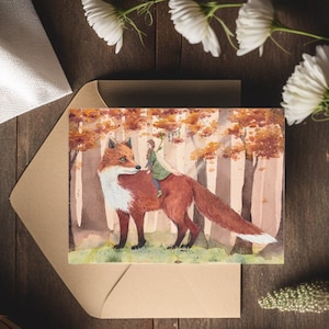 Carte postale renard et fée, carte d’illustration fantastique, carte-cadeau d’automne, Elf Fae Art