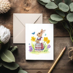 Kaninchen und Frühlingsblumen Aquarell Grußkarte, Kindergeburtstagskarte mit Fantasy-Häschen-Illustration