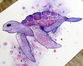 Purple Sea turtle print, watercolor, ocean, wildlife, animal art, bathroom decor, wall art, original art print, coral reef, illustration