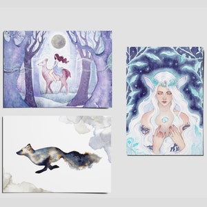 Ensemble de 3 cartes postales fantastiques, renard, lapin et cerf