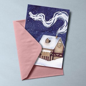 Carte de Noel de fantaisie, maison confortable avec une fille fantôme et un ciel étoilé de nuit, carte d'hiver de conception originale d'aquarelle