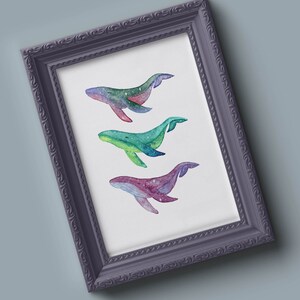Celestial Whales Print, Nursery room Art, Children's Illustration, Wildlife, Ocean, Whale, Tropical,