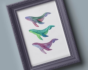 Celestial Whales Print, Nursery room Art, Children's Illustration, Wildlife, Ocean, Whale, Tropical,