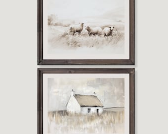 Vintage olieverfschilderijset met boerderijlandschap en schapen (digitale download)