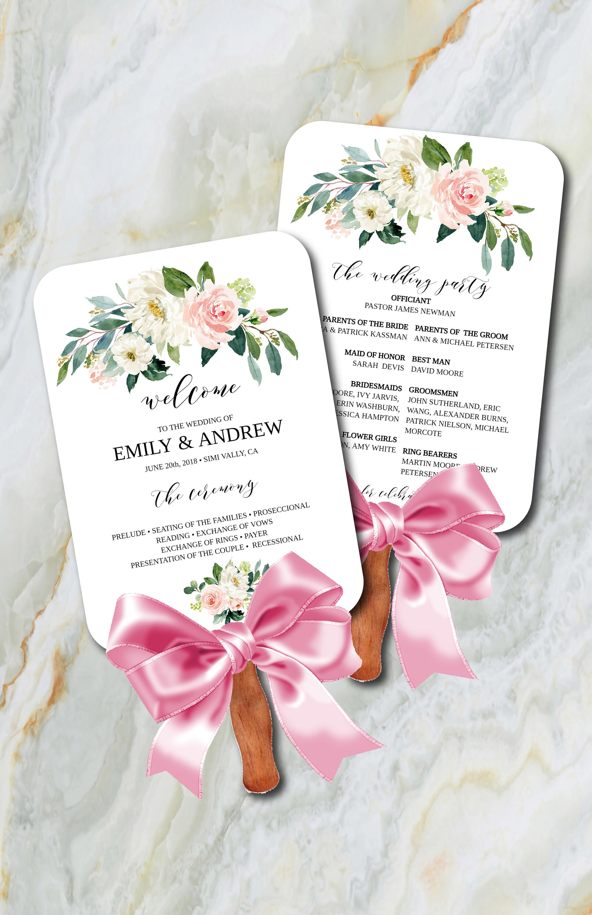White And Blush Flowers Fan Wedding Program Template Fan Etsy
