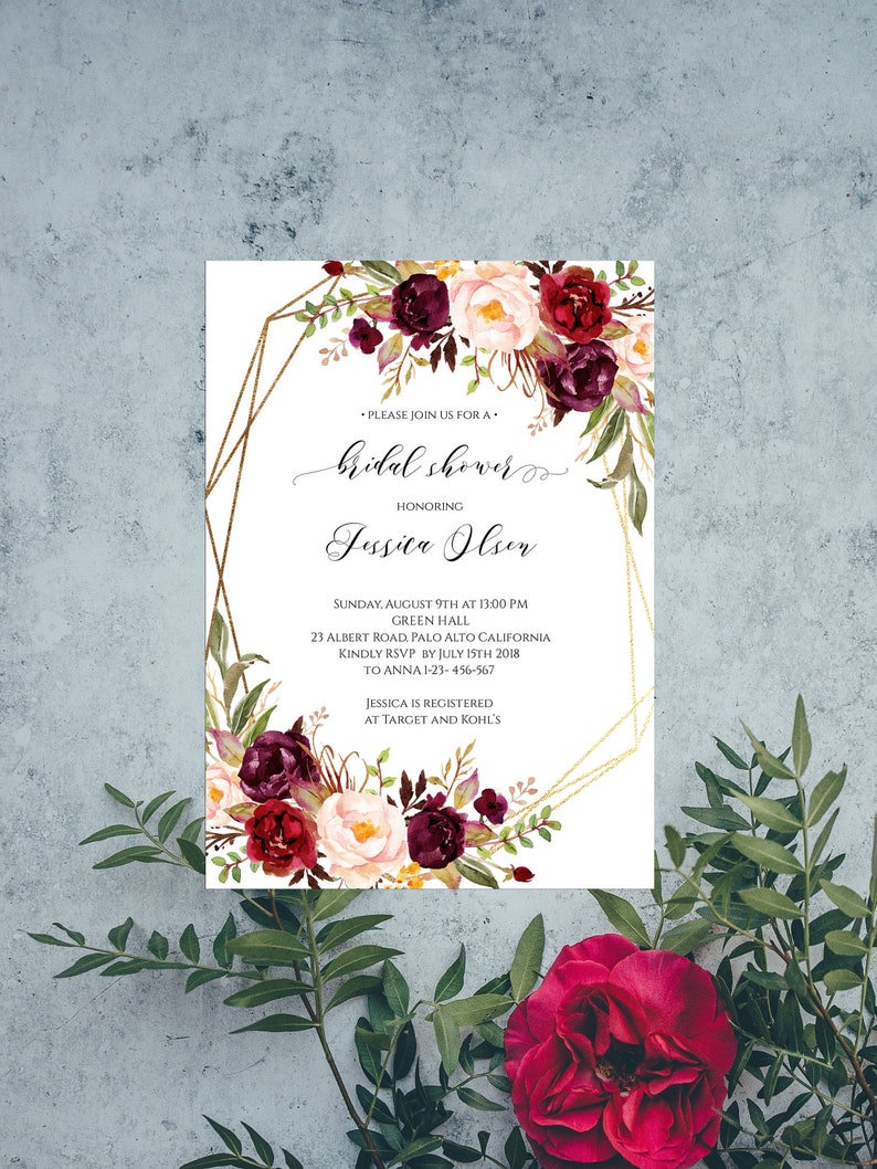 Burgundy and Gold Bridal Shower Invitation Template Merlot Etsy