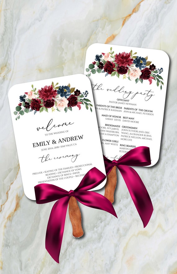 Burgundy And Navy Flowers Fan Wedding Program Template Fan Etsy