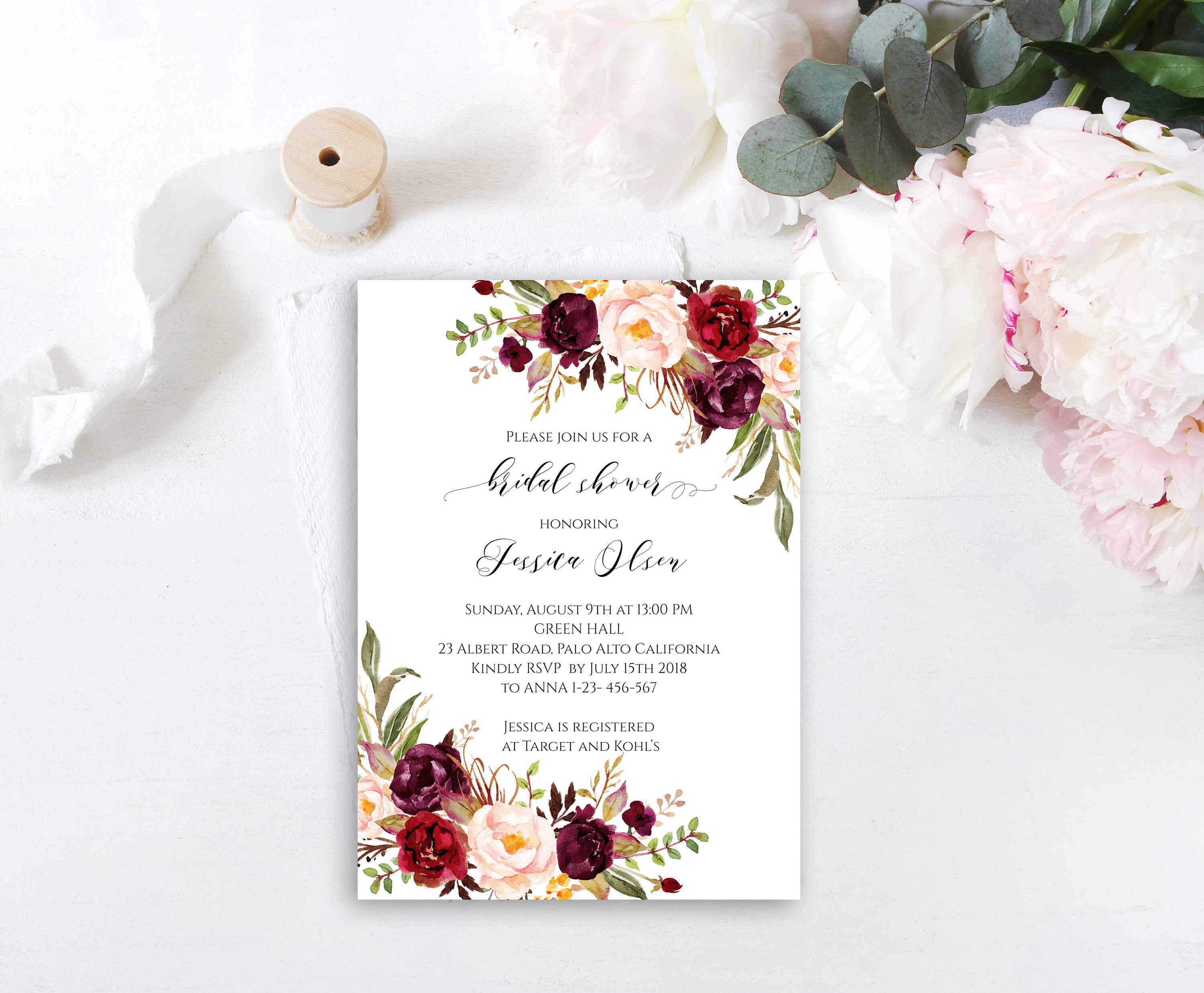 Burgundy Bridal Shower Invitation Instant Download Floral Etsy