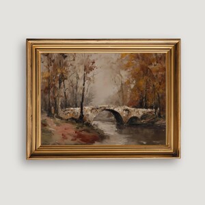 Gedempte herfstlandschapsschildering: oude Europese brug, boerderijmuurkunst (digitale print)