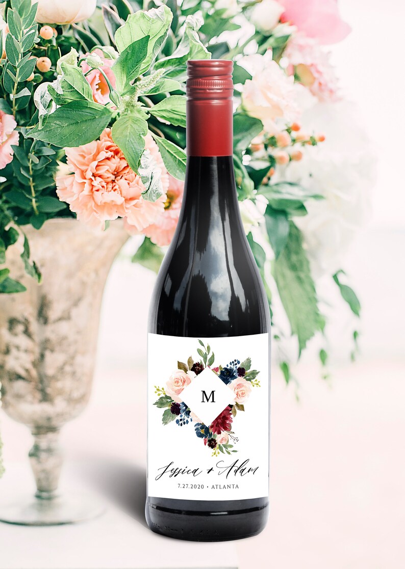 burgundy and navy floral wine bottle label template printable etsy